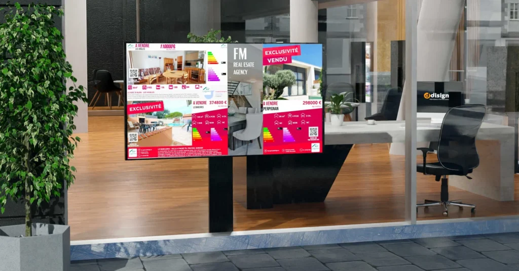 Écran d'affichage dynamique double en vitrine d'une agence immobilière, diffusant des annonces de biens à vendre