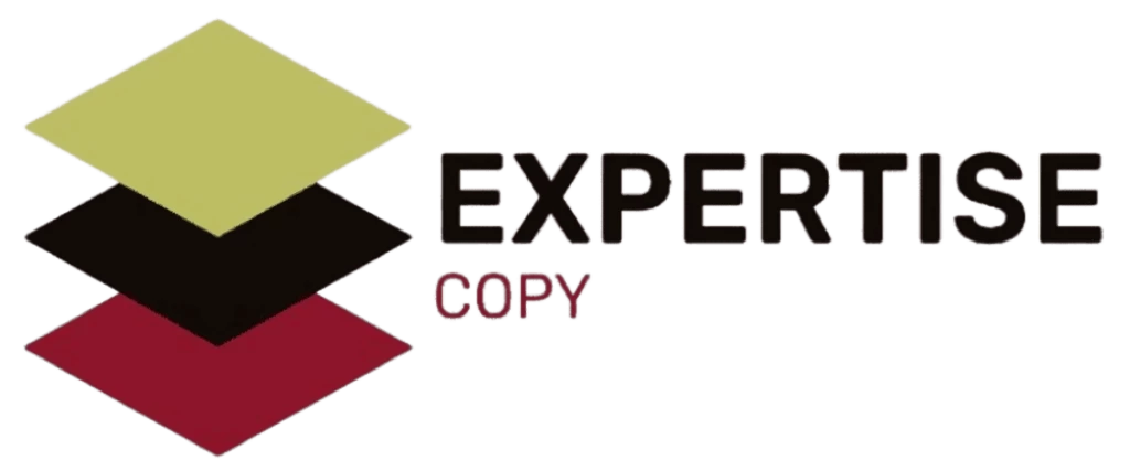 Logo d'Expertise Copy : trois losanges superposés kaki, noir et bordeaux, suivis du nom Expertise Copy
