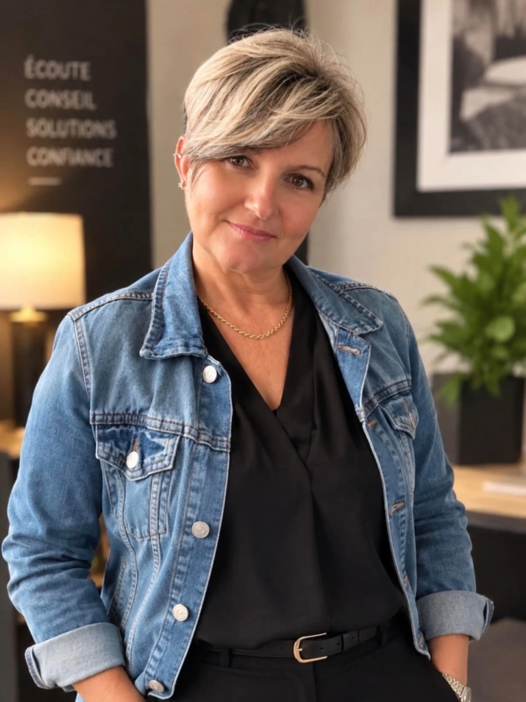 Laurence en veste en jean dans les bureaux d'Expertise Copy, devant un panneau « Écoute, conseil, solutions, confiance »